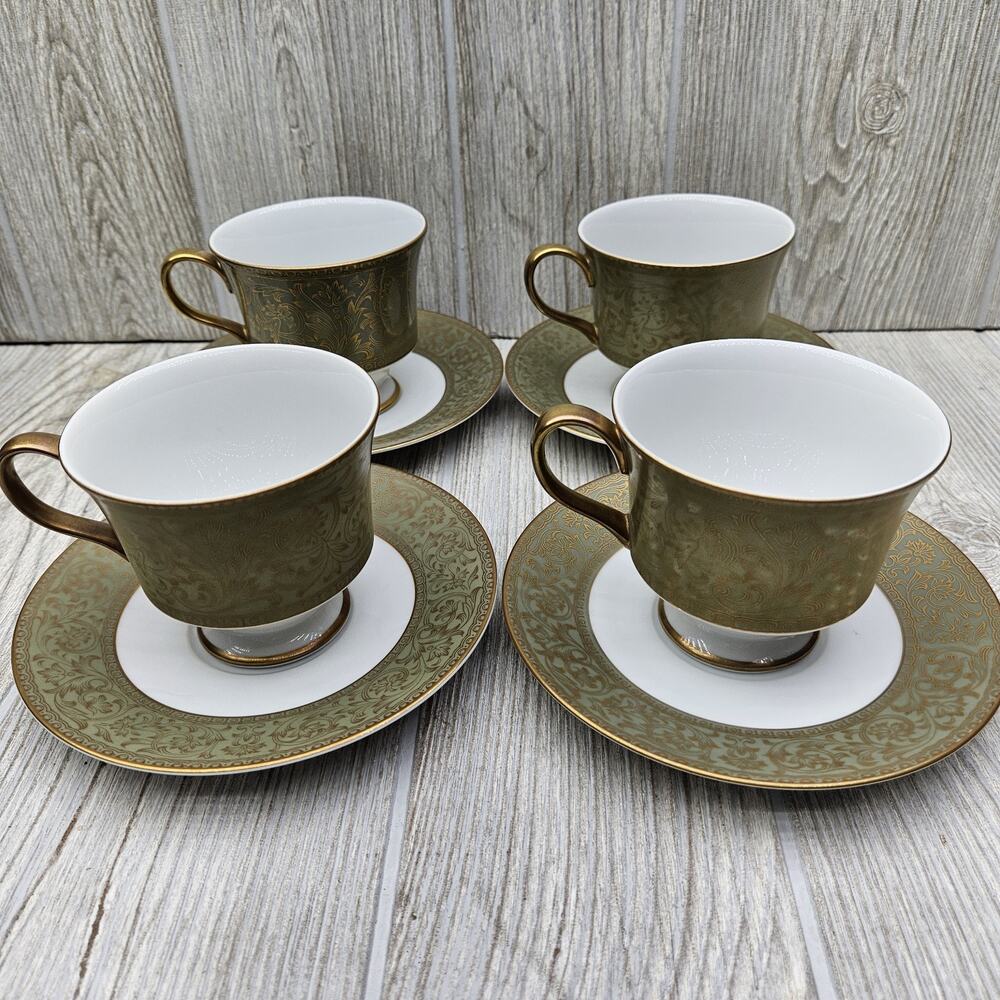 Sango China Versailles Set Of 4 Footed‎ Cup & Saucer Japan #3632 Green Gold